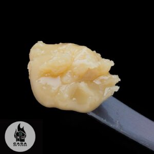 Casa de Fuego hash rosin in a clear glass jar, golden glossy texture with rich terpene sheen — premium solventless cannabis concentrate.